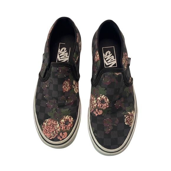 Vans Slip On Checkerboard Floral Print Black Canvas Sneakers Size 7 Grunge Punk - Picture 1 of 9